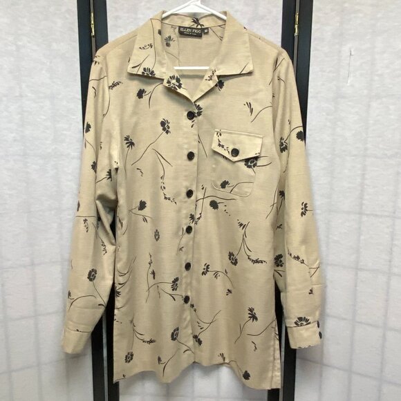 Ellen Figg Tops - Ellen Figg Poly Flax Blend Button Up Long Sleeve Slit Tunic Top Beige Black